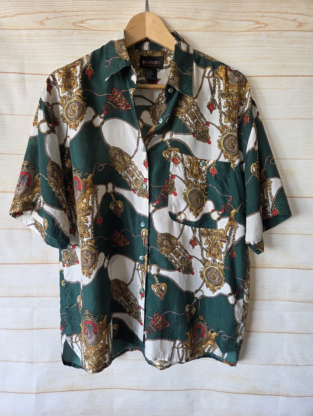 Vtg Surprise Silk Men Short Sleeve Lightweight Colorful Chain Print Shirt Large